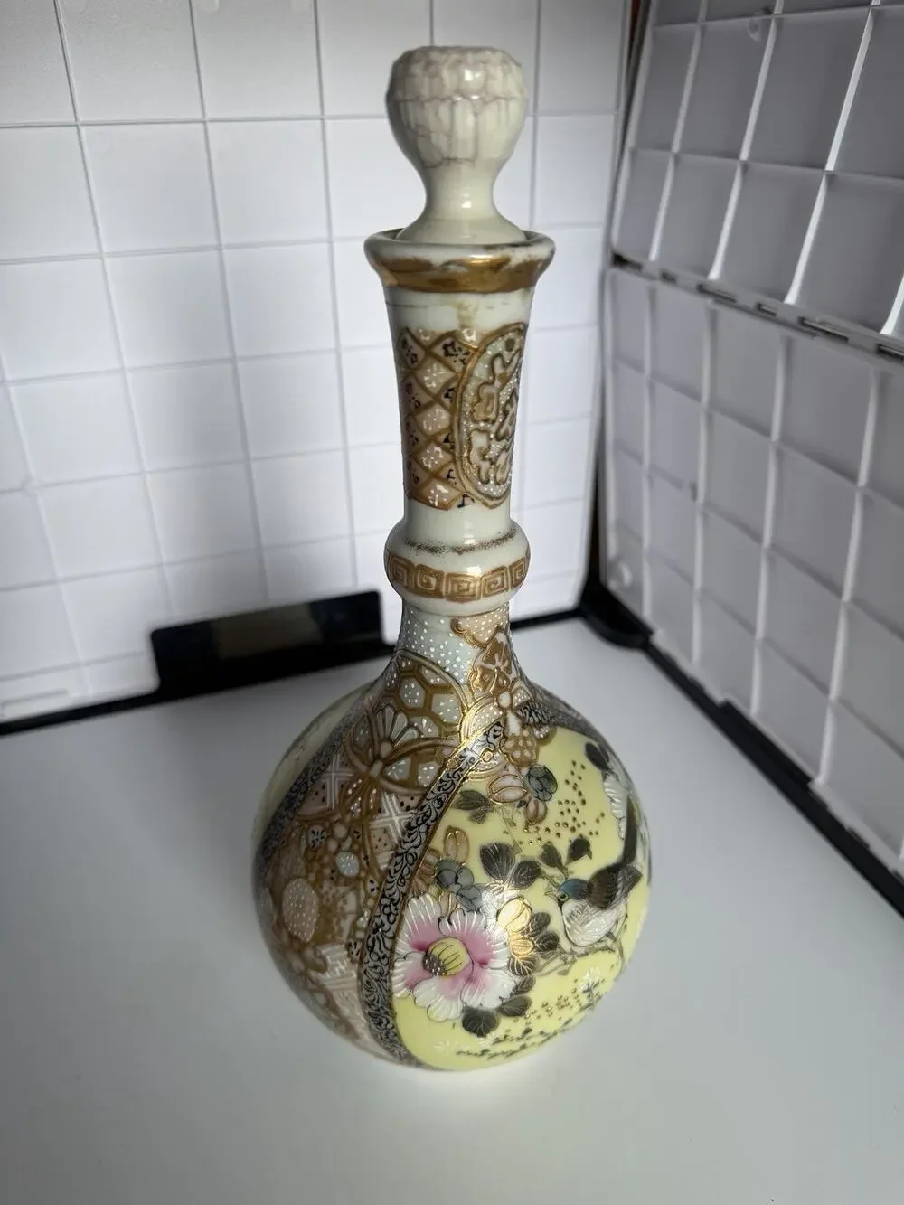 Nippon Moriage Bottle With Stopper - Japanese Gilded Porcelain Decanter, Birds